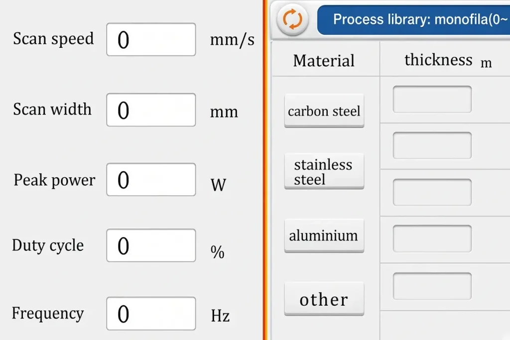 KH-2000 touch screen control panel displaying saved custom welding recipes for stainless steel and carbon steel batches