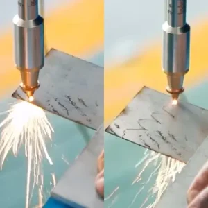 handheld laser welder cutting 1mm carbon steel sheet metal with clean edge finish