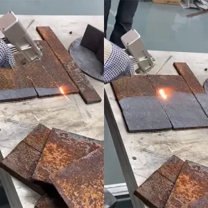 3000W handheld laser cleaner removing thick rust and mill scale from structural steel surface for pre-weld joint preparation