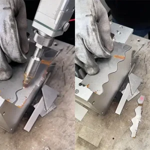 handheld laser welder cutting mode trimming 1mm carbon steel sheet metal with clean edge for light notching work