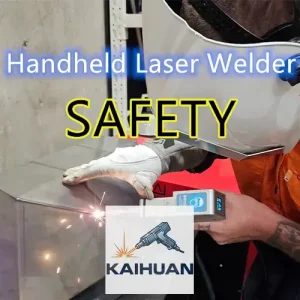 Handheld laser welder safety: operator wearing laser safety glasses working inside an enclosed welding cell