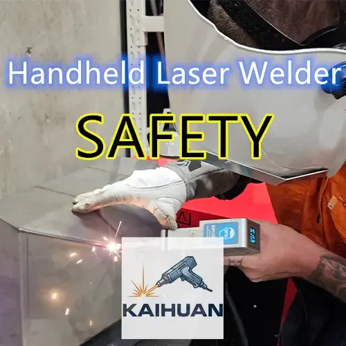Handheld laser welder safety: operator wearing laser safety glasses working inside an enclosed welding cell