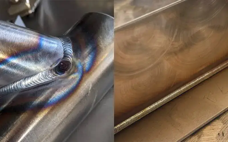 are laser welds strong comparison: narrow laser weld bead next to a wide TIG weld bead